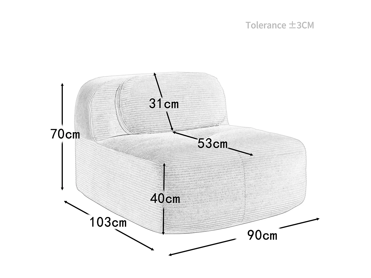 Canapé fauteuil modulable sans accoudoirs en velours côtelé noir 90x103cm