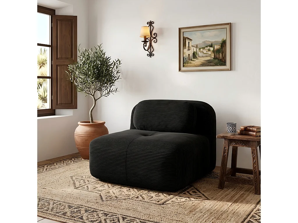 Canapé fauteuil modulable sans accoudoirs en velours côtelé noir 90x103cm