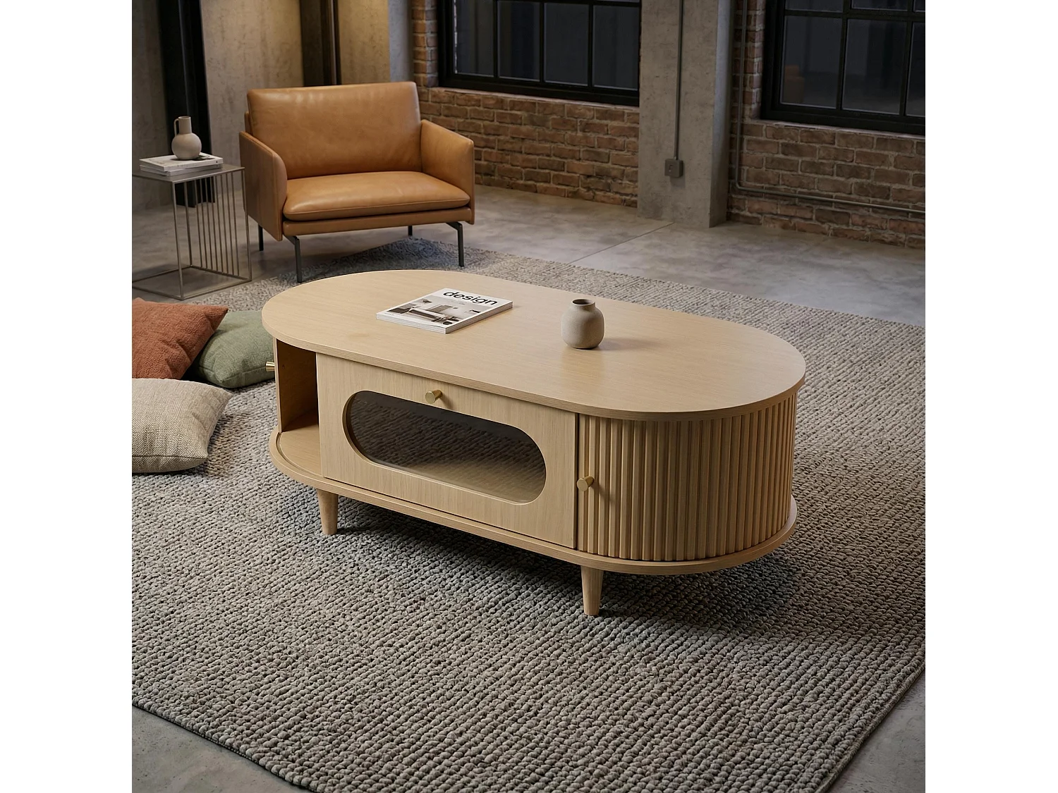 Table basse effet bois chêne 1 tiroir & portes coulissantes