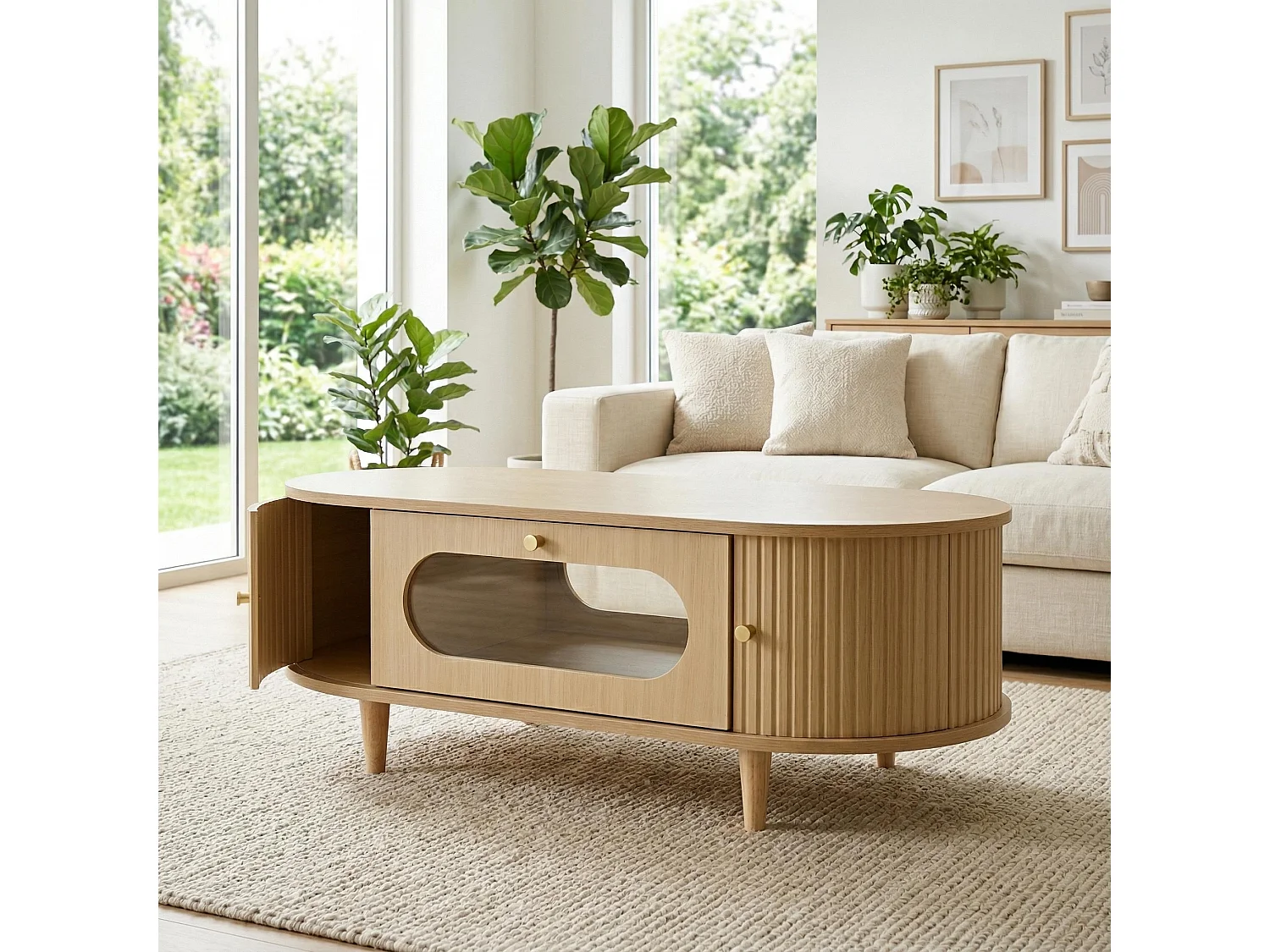 Table basse effet bois chêne 1 tiroir & portes coulissantes