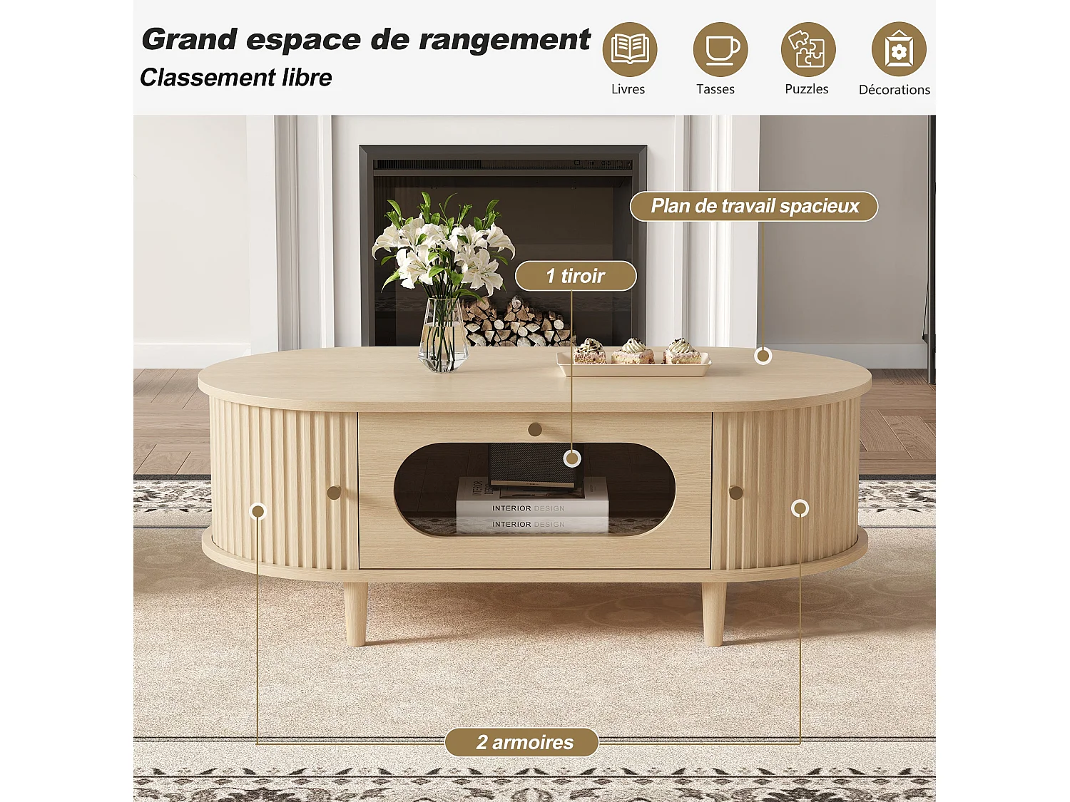 Table basse effet bois chêne 1 tiroir & portes coulissantes