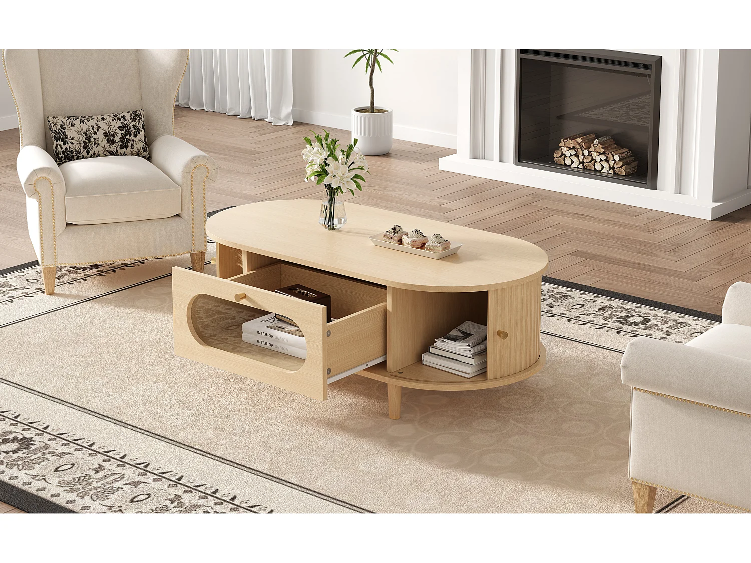Table basse effet bois chêne 1 tiroir & portes coulissantes