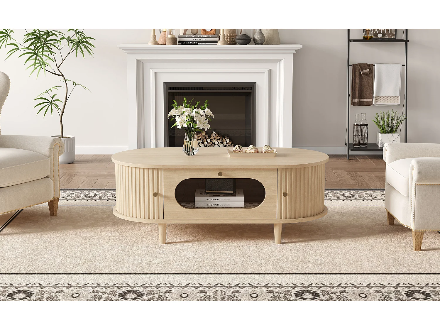 Table basse effet bois chêne 1 tiroir & portes coulissantes