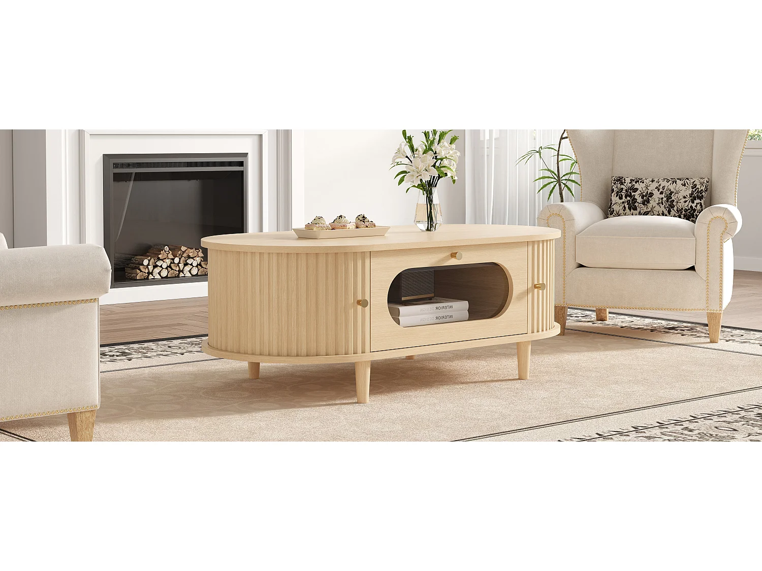 Table basse effet bois chêne 1 tiroir & portes coulissantes