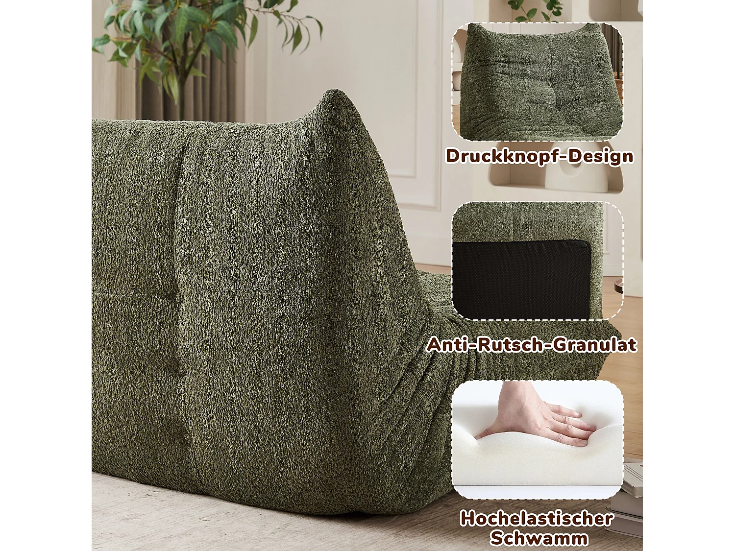 Fauteuil convertible chenille vert avec repose-pieds sans accoudoirs