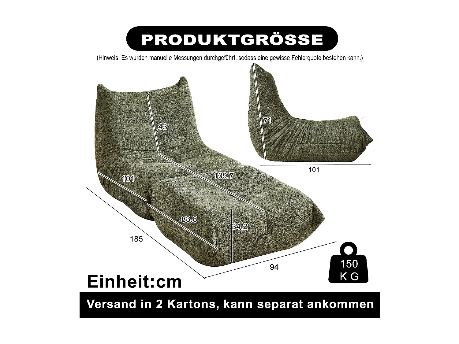 Fauteuil convertible chenille vert avec repose-pieds sans accoudoirs