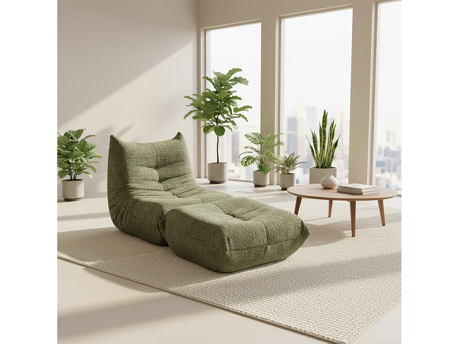 Fauteuil convertible chenille vert avec repose-pieds sans accoudoirs