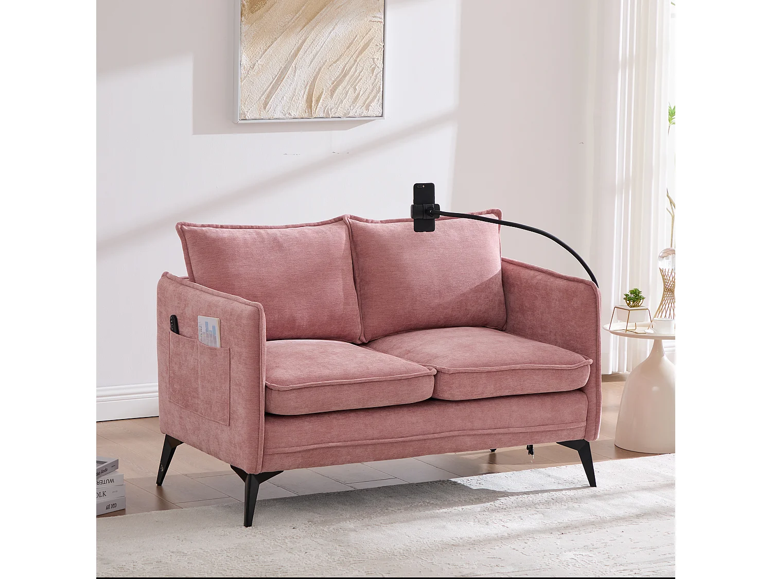 Canapé 2 places en tissu chenille rose avec support téléphone réglable 127x69x66cm