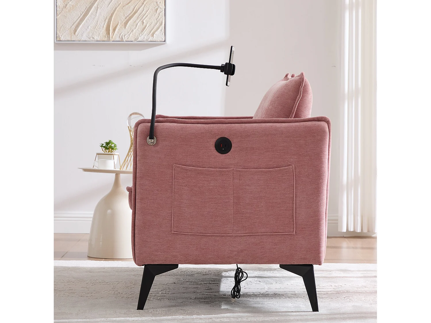 Canapé 2 places en tissu chenille rose avec support téléphone réglable 127x69x66cm