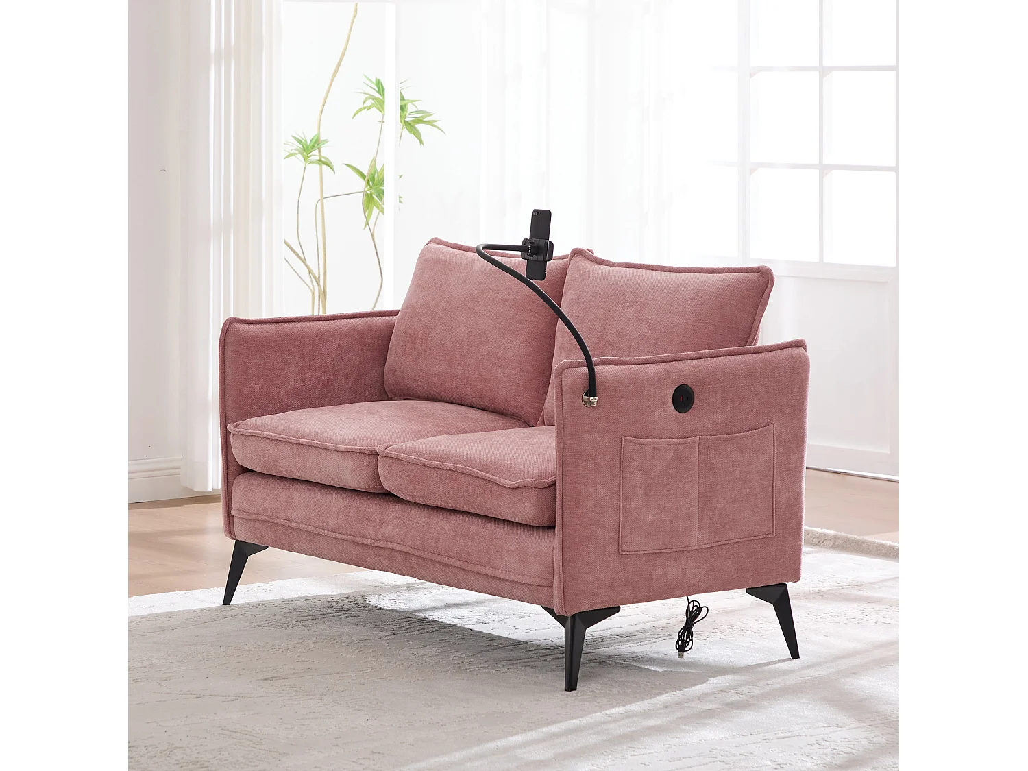 Canapé 2 places en tissu chenille rose avec support téléphone réglable 127x69x66cm
