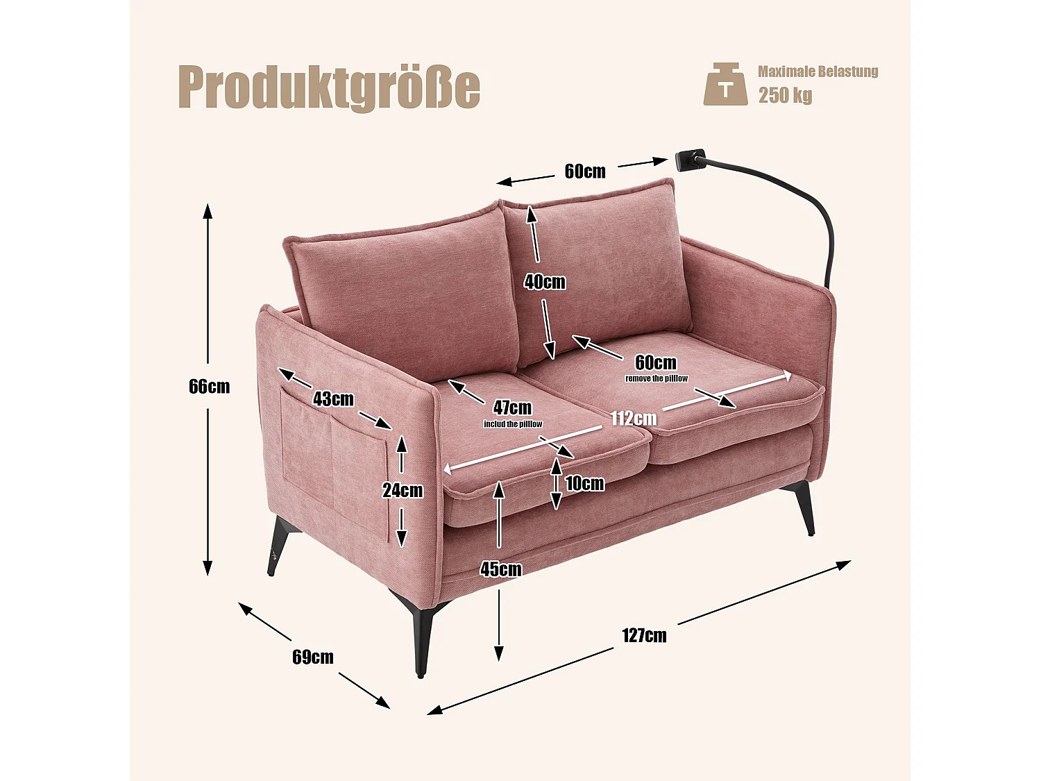 Canapé 2 places en tissu chenille rose avec support téléphone réglable 127x69x66cm