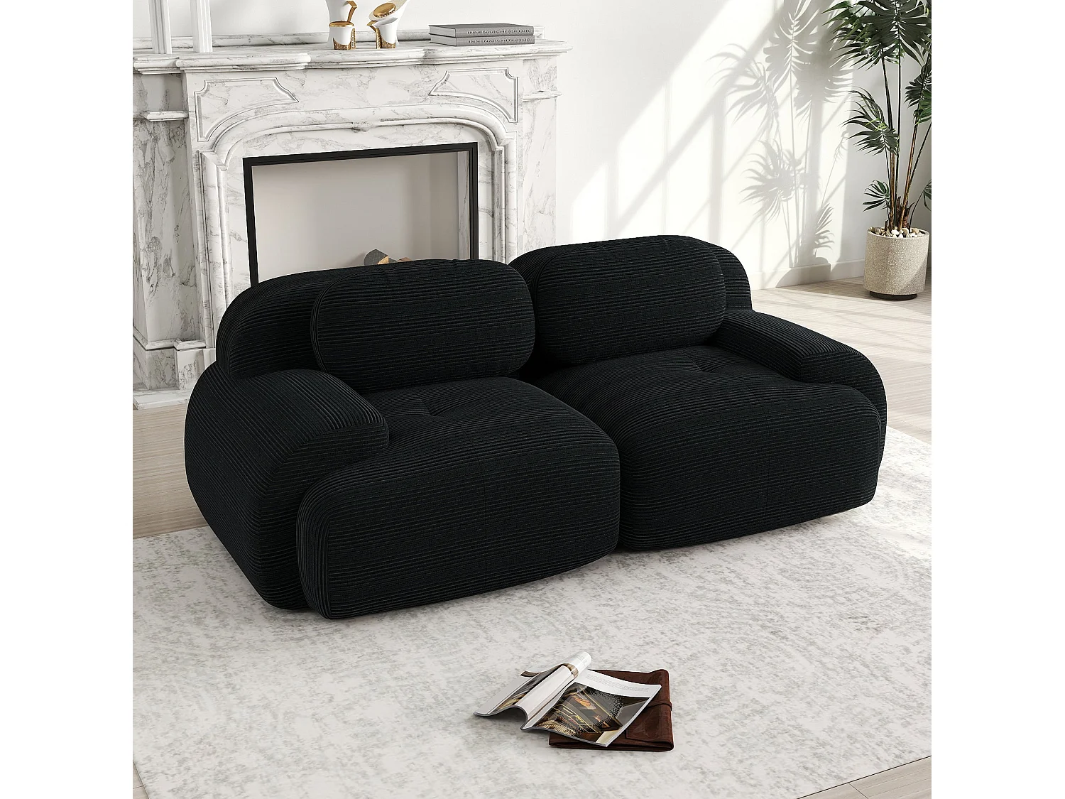 Canapé 2 places loveseat modulable en velours côtelé noir avec accoudoirs courbés, confort premium, sans montage