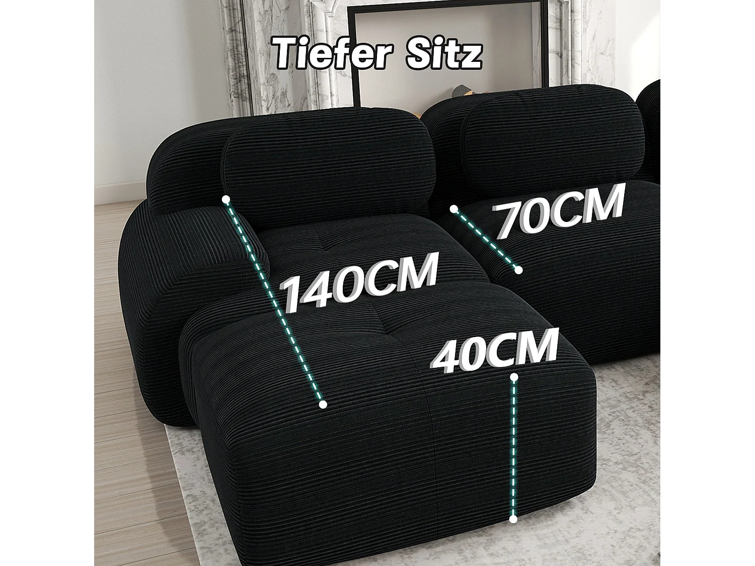 Canapé 2 places loveseat modulable en velours côtelé noir avec accoudoirs courbés, confort premium, sans montage