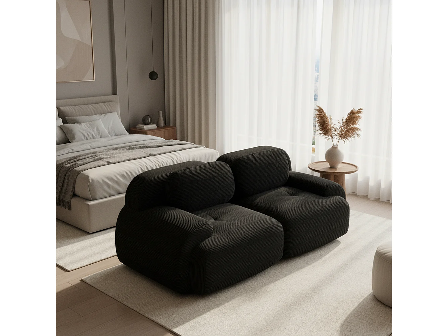 Canapé 2 places loveseat modulable en velours côtelé noir avec accoudoirs courbés, confort premium, sans montage