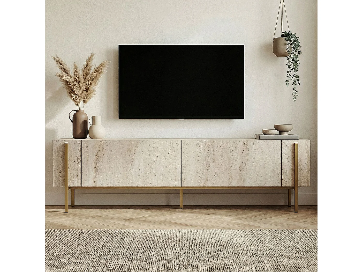 Móvel de TV em madeira "Nexus" - Travertino/Dourado - 180 x 30 x 45 cm - Estilo Industrial