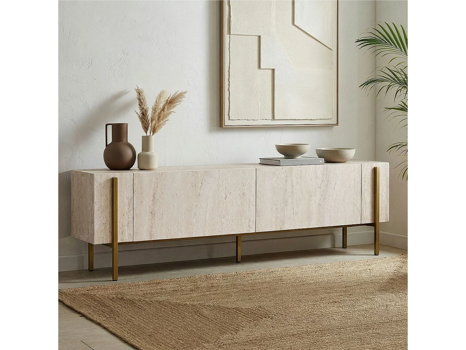 Móvel de TV em madeira "Nexus" - Travertino/Dourado - 180 x 30 x 45 cm - Estilo Industrial