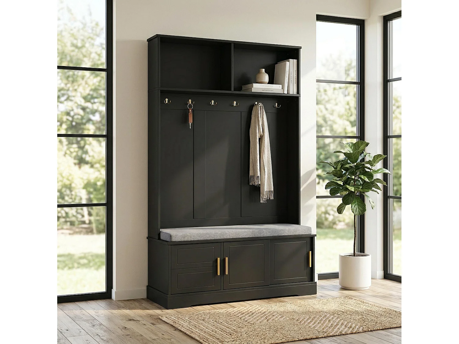 Vestiaire à l'entrée noir banc à chaussures porte manteau 120x40x191cm