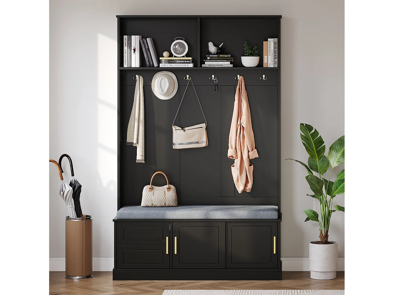Vestiaire à l'entrée noir banc à chaussures porte manteau 120x40x191cm