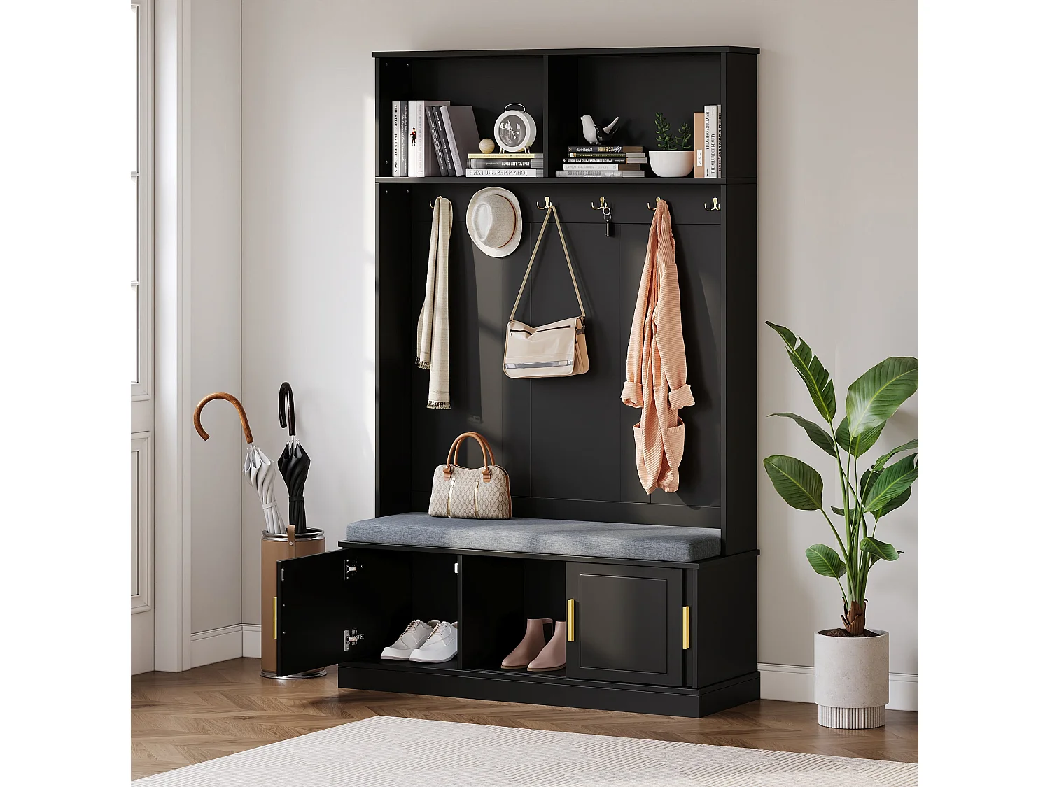 Vestiaire à l'entrée noir banc à chaussures porte manteau 120x40x191cm