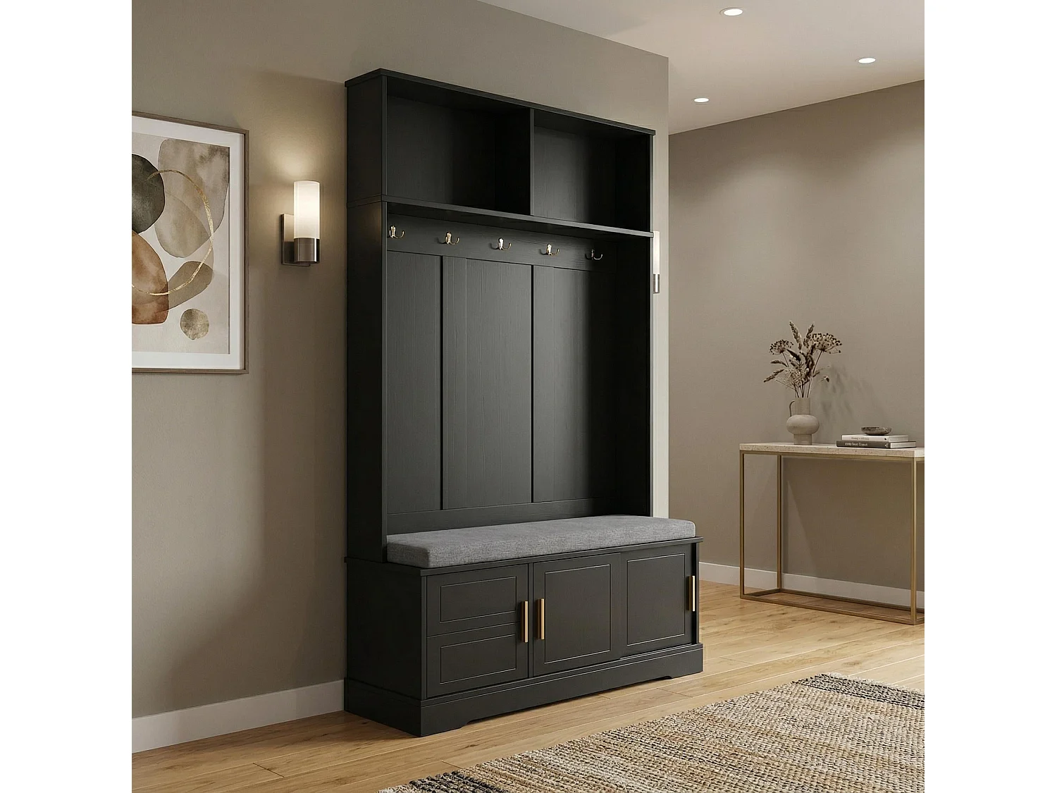 Vestiaire à l'entrée noir banc à chaussures porte manteau 120x40x191cm
