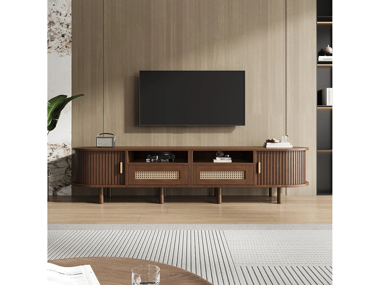 Meuble TV ovale effet noyer foncé 2 tiroirs rotin et 2 portes coulissantes 170x40x40 cm