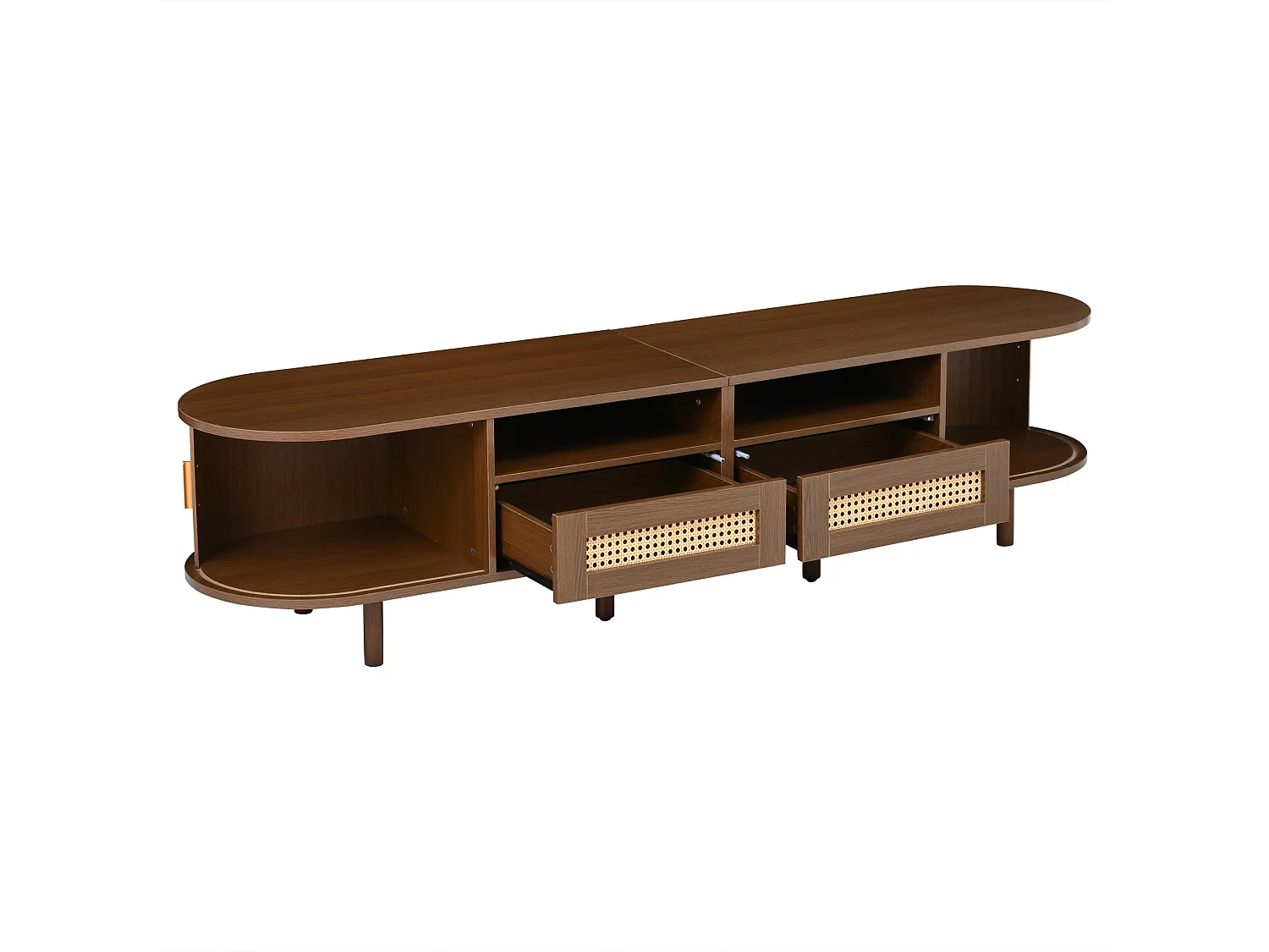 Meuble TV ovale effet noyer foncé 2 tiroirs rotin et 2 portes coulissantes 170x40x40 cm