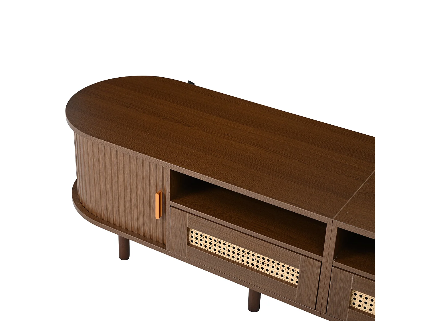 Meuble TV ovale effet noyer foncé 2 tiroirs rotin et 2 portes coulissantes 170x40x40 cm