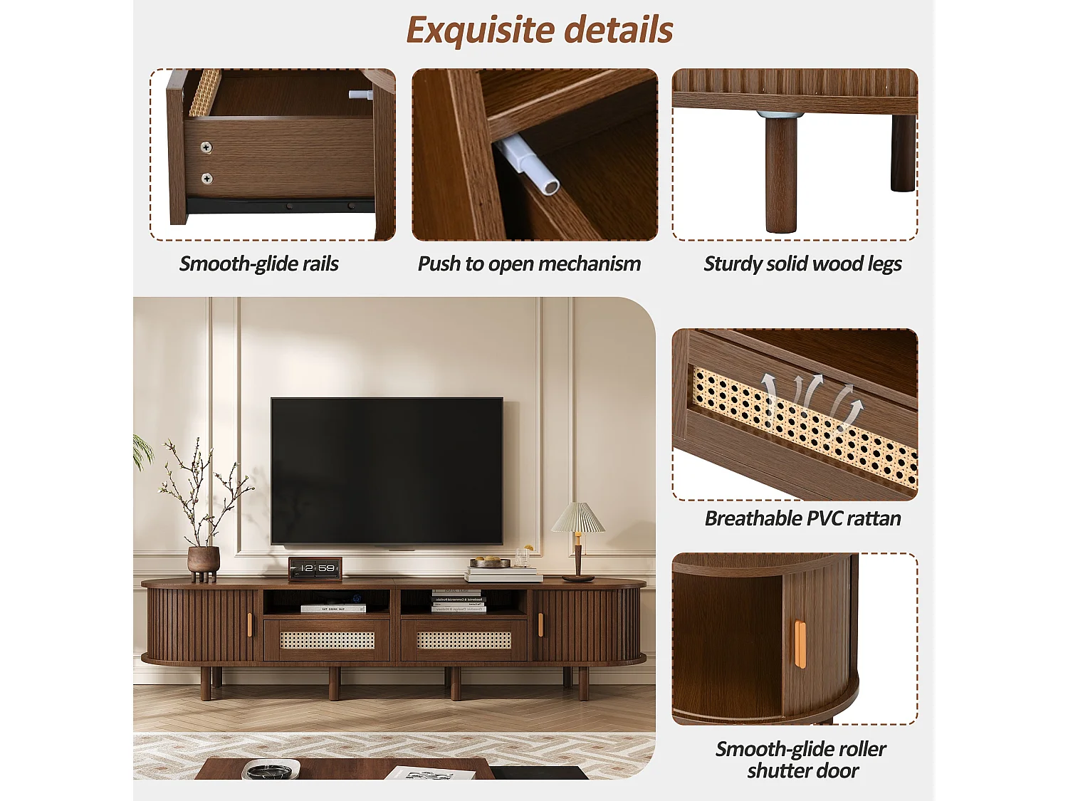 Meuble TV ovale effet noyer foncé 2 tiroirs rotin et 2 portes coulissantes 170x40x40 cm