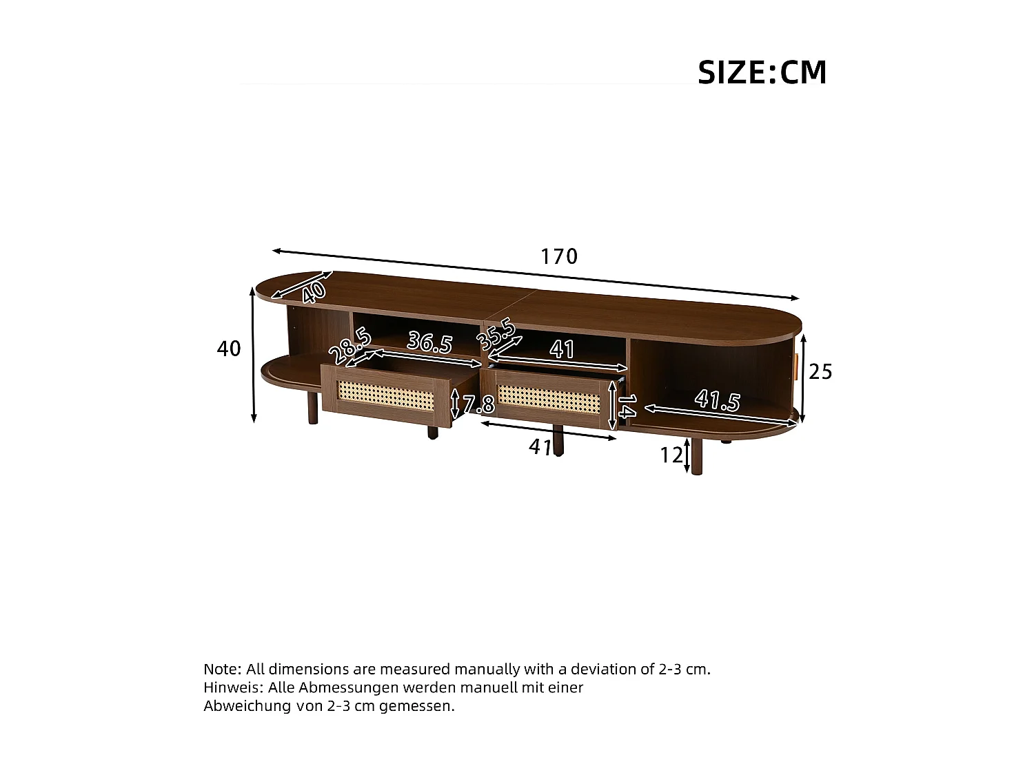 Meuble TV ovale effet noyer foncé 2 tiroirs rotin et 2 portes coulissantes 170x40x40 cm