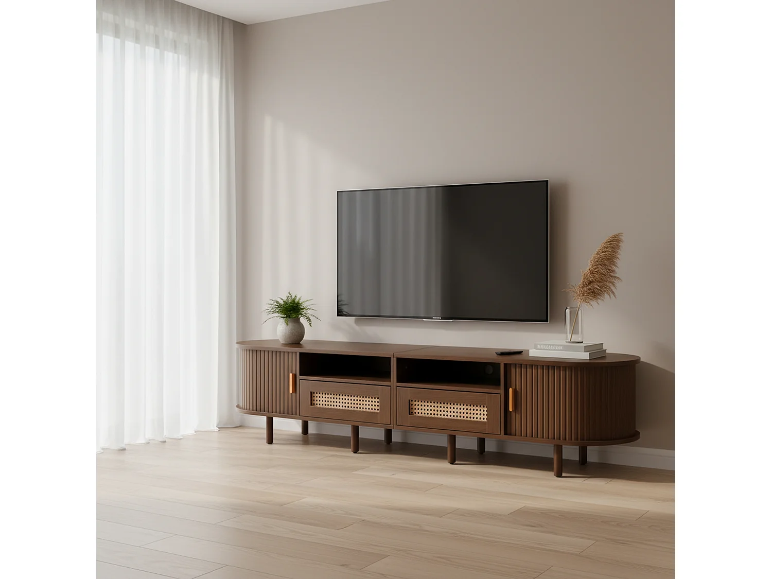 Meuble TV ovale effet noyer foncé 2 tiroirs rotin et 2 portes coulissantes 170x40x40 cm
