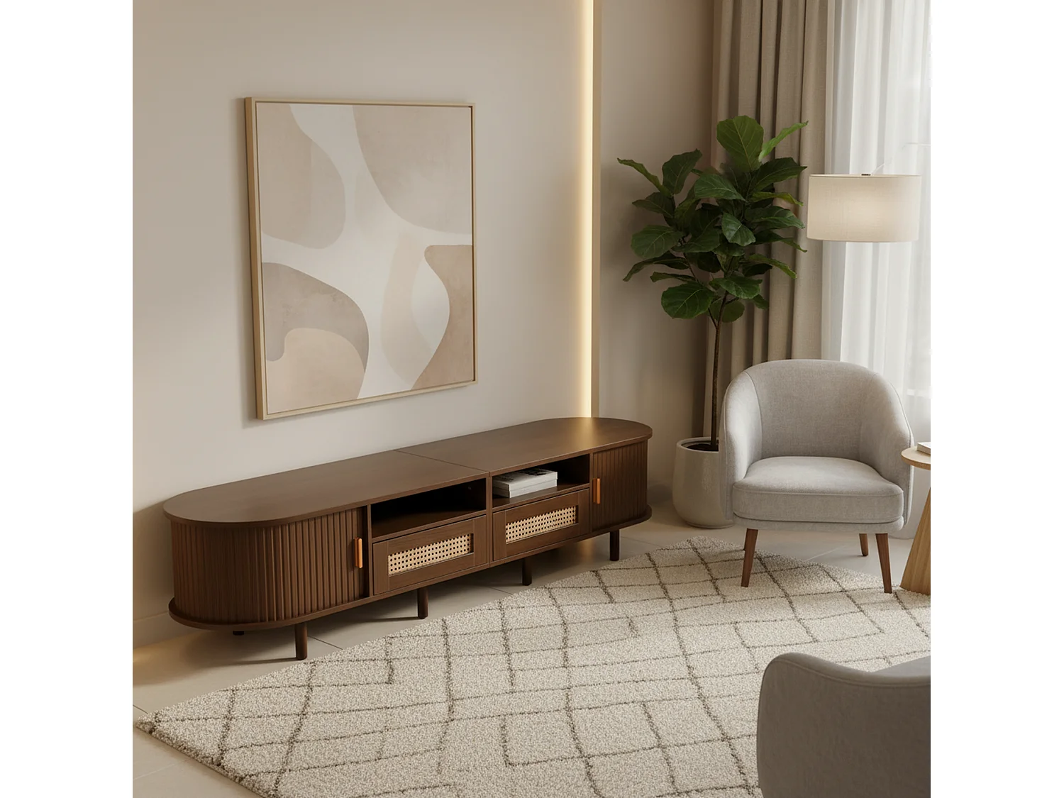 Meuble TV ovale effet noyer foncé 2 tiroirs rotin et 2 portes coulissantes 170x40x40 cm