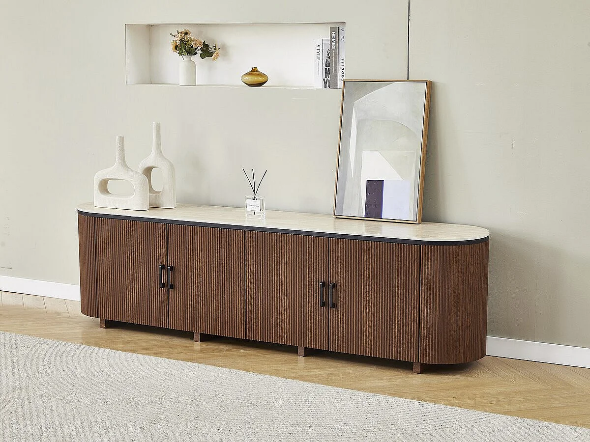 Meuble tv ovale en bois et céramique "Portofino" - 200 x 40 x 55 cm - Marron