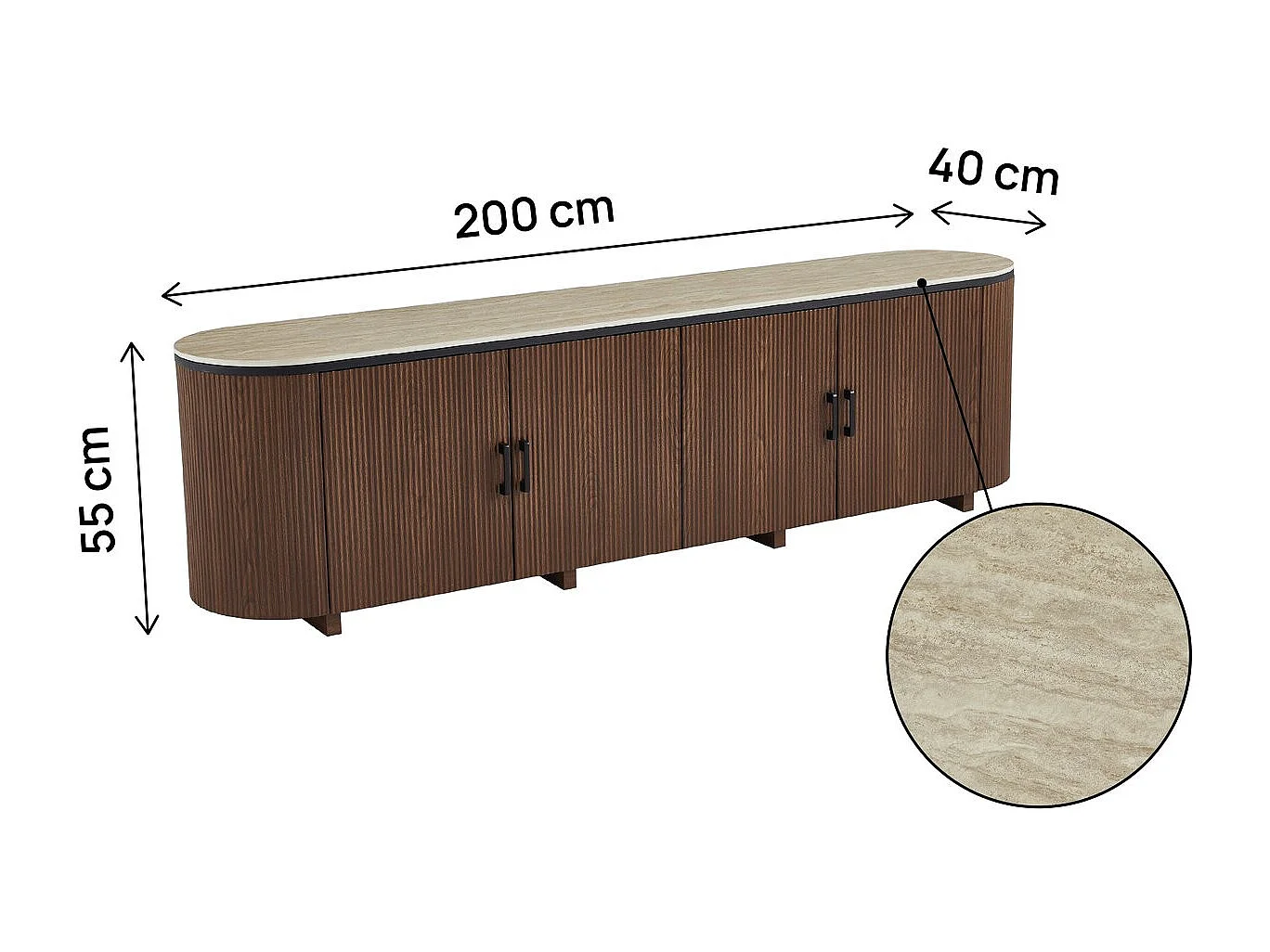 Meuble tv ovale en bois et céramique "Portofino" - 200 x 40 x 55 cm - Marron