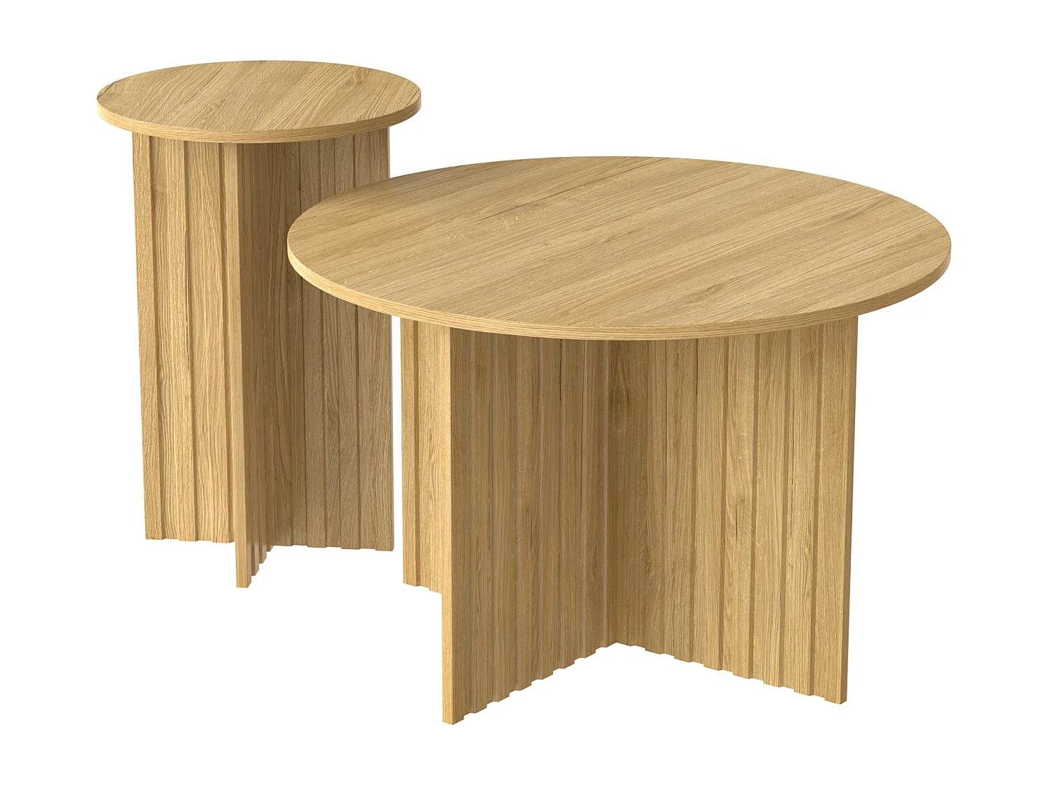 Ensemble de tables basses gigognes rondes effet bois piètement cannelé