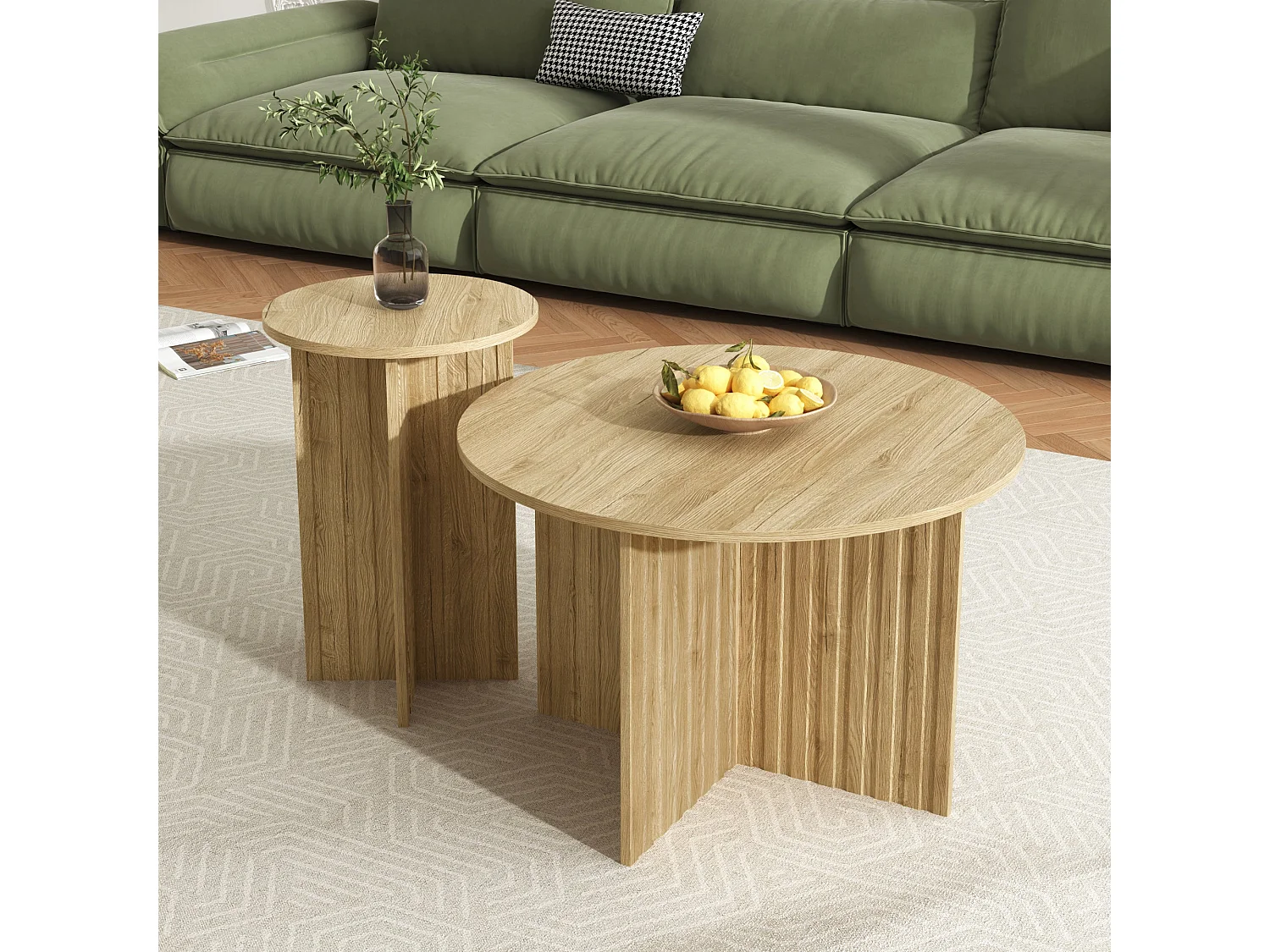 Ensemble de tables basses gigognes rondes effet bois piètement cannelé