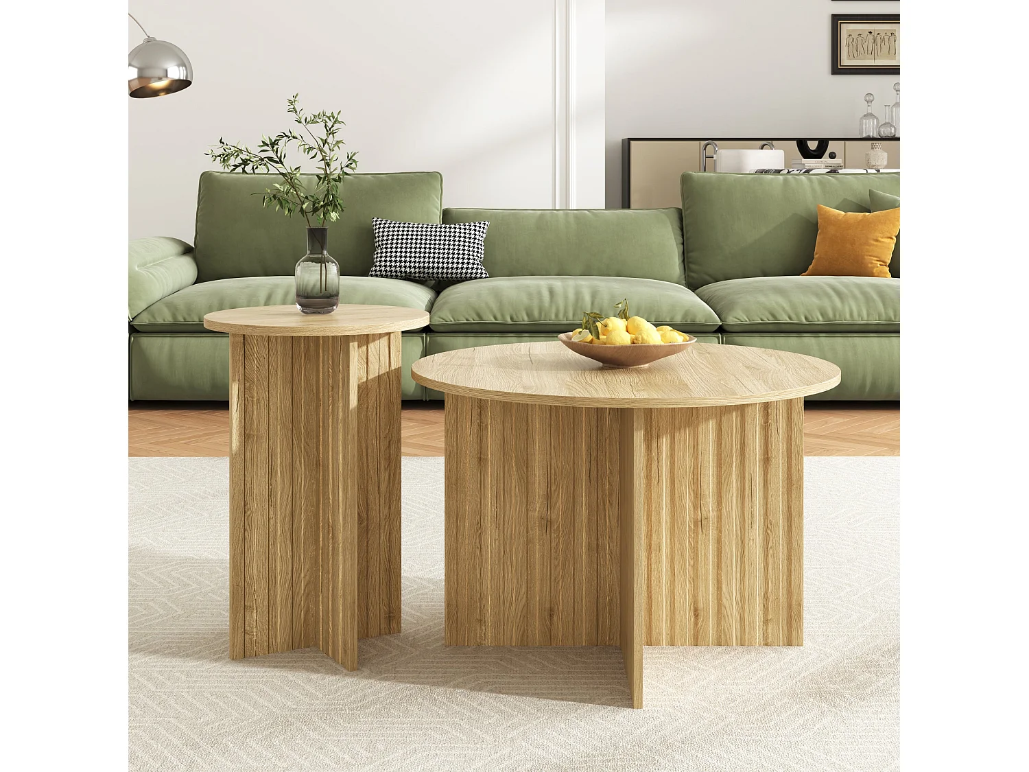 Ensemble de tables basses gigognes rondes effet bois piètement cannelé