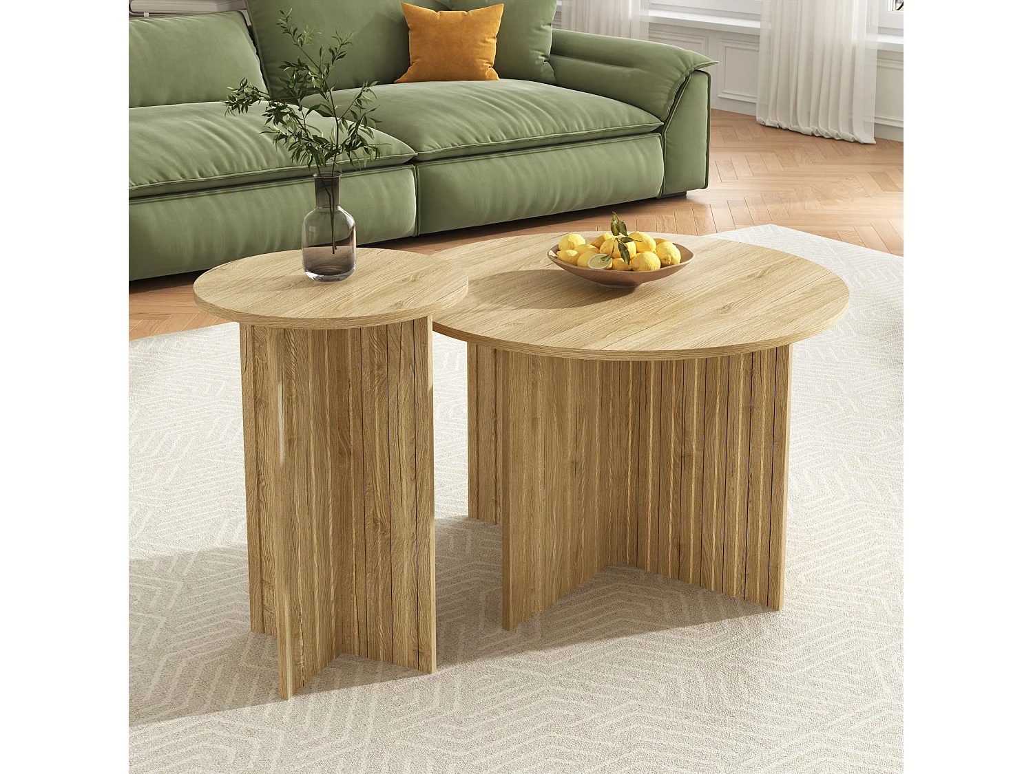 Ensemble de tables basses gigognes rondes effet bois piètement cannelé
