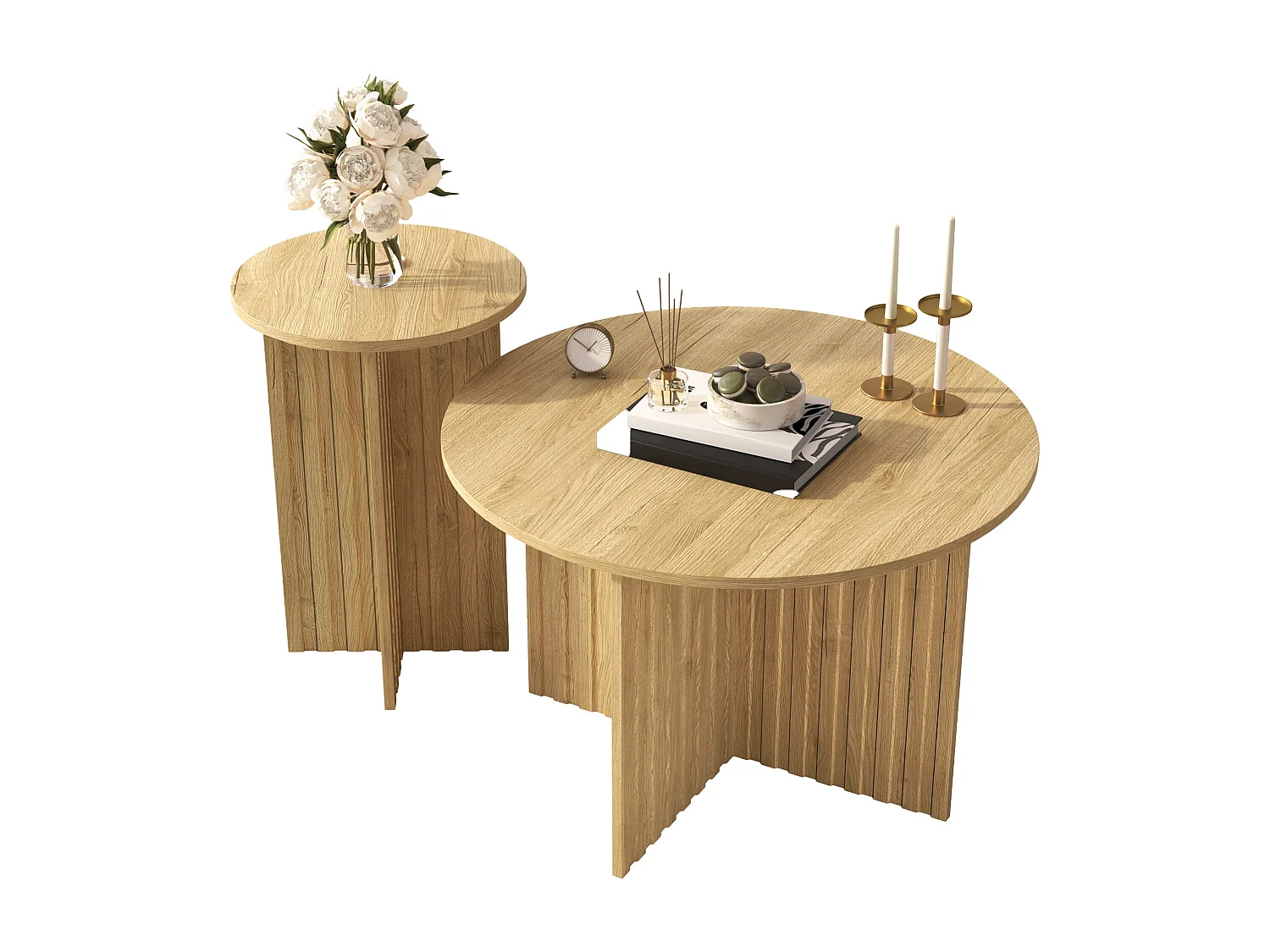 Ensemble de tables basses gigognes rondes effet bois piètement cannelé