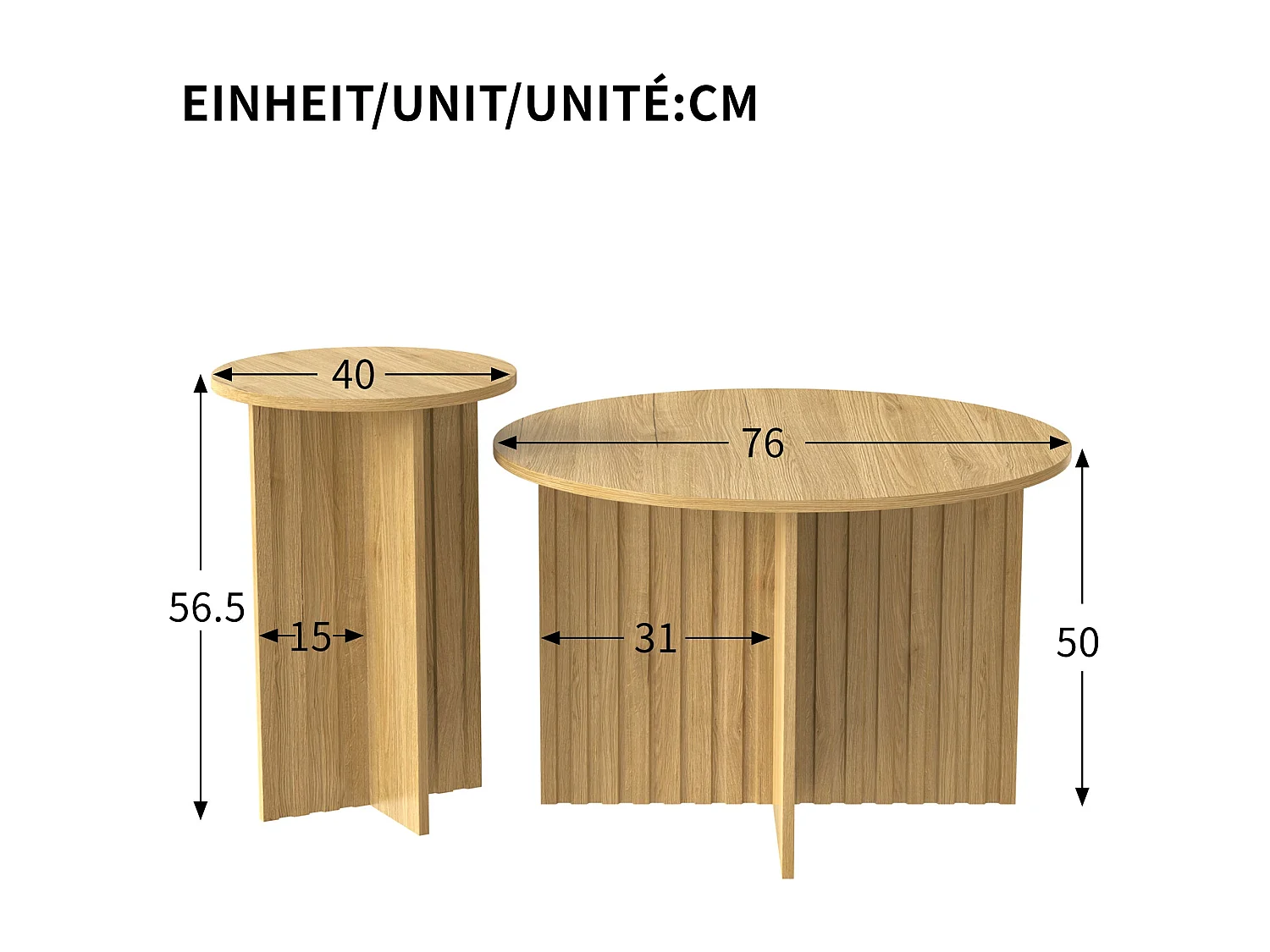 Ensemble de tables basses gigognes rondes effet bois piètement cannelé