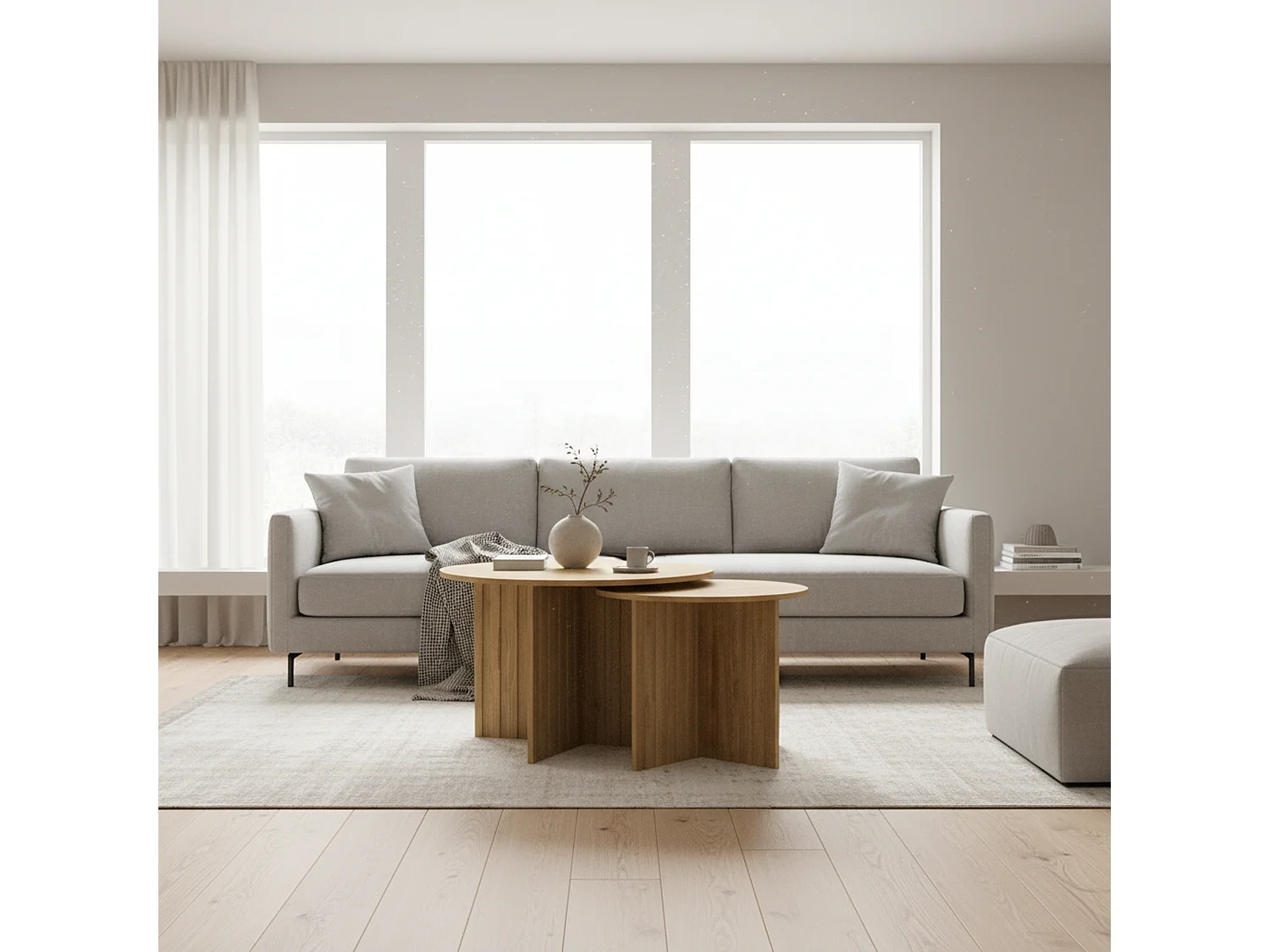 Ensemble de tables basses gigognes rondes effet bois piètement cannelé