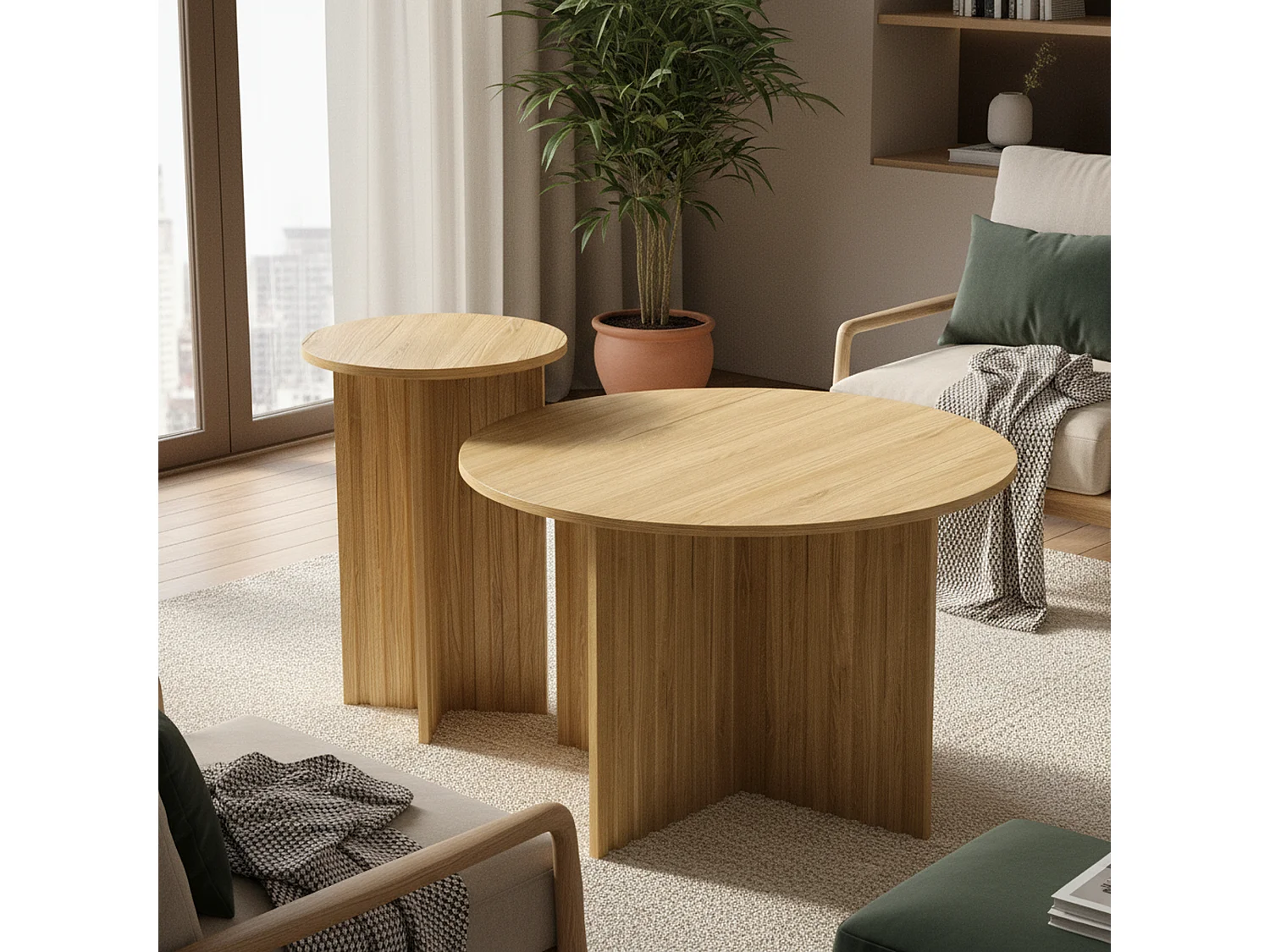 Ensemble de tables basses gigognes rondes effet bois piètement cannelé