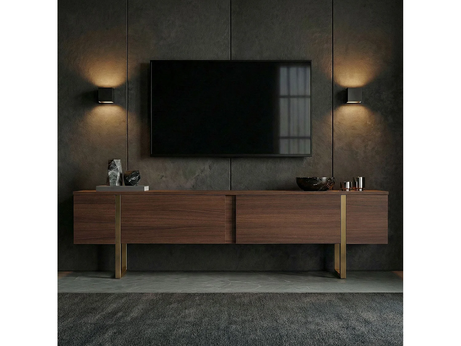 TV-Möbel aus Holz "Onera" - 180 x 30 x 50 cm - Nussbaum / Gold