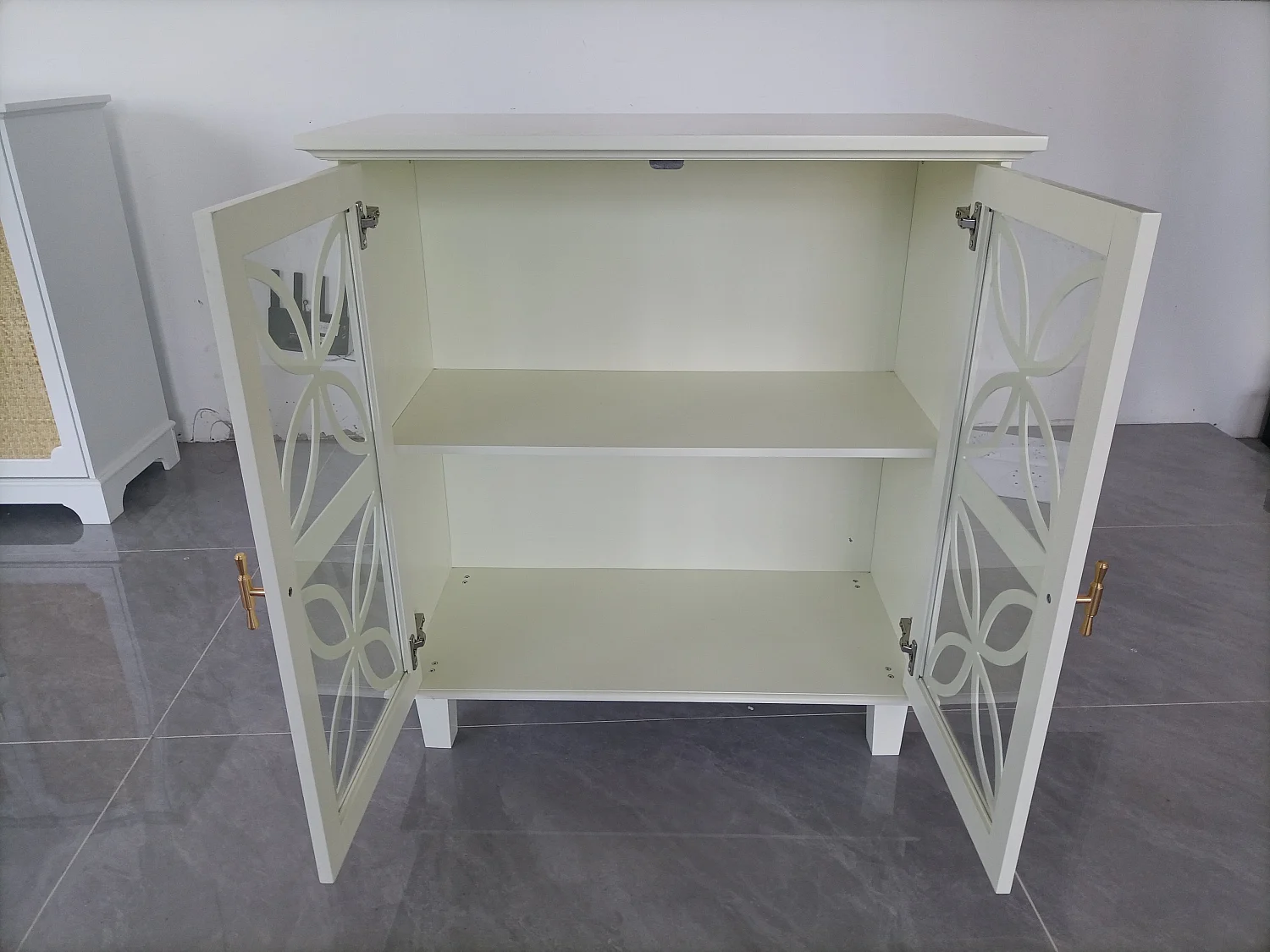 Buffet blanc crème 2 portes vitrées verre trempé à motifs tréfilés 80x38x87cm
