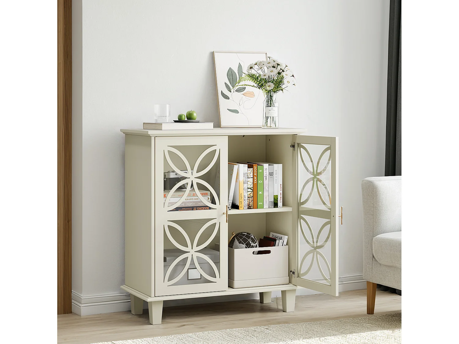 Buffet blanc crème 2 portes vitrées verre trempé à motifs tréfilés 80x38x87cm