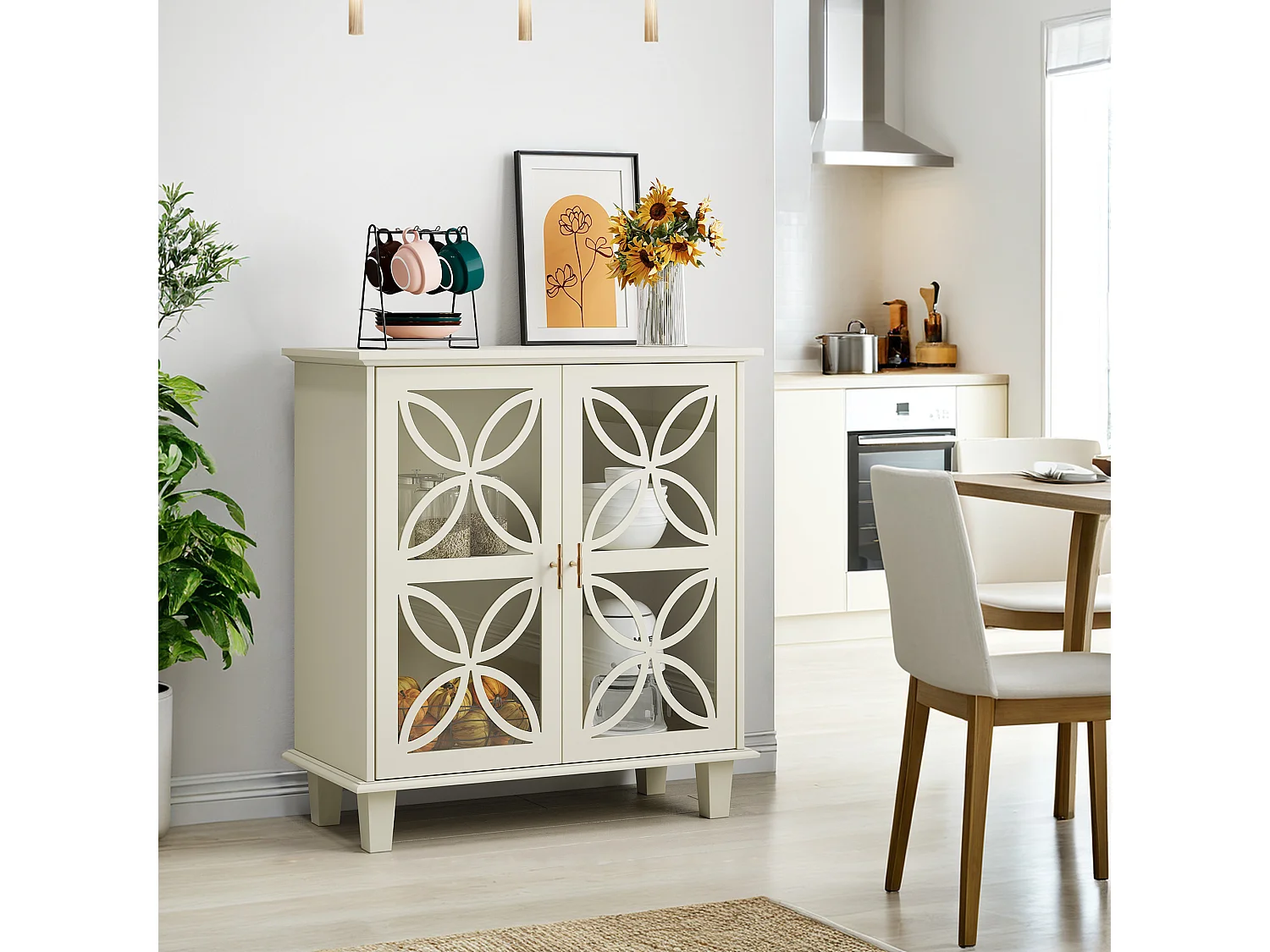 Buffet blanc crème 2 portes vitrées verre trempé à motifs tréfilés 80x38x87cm