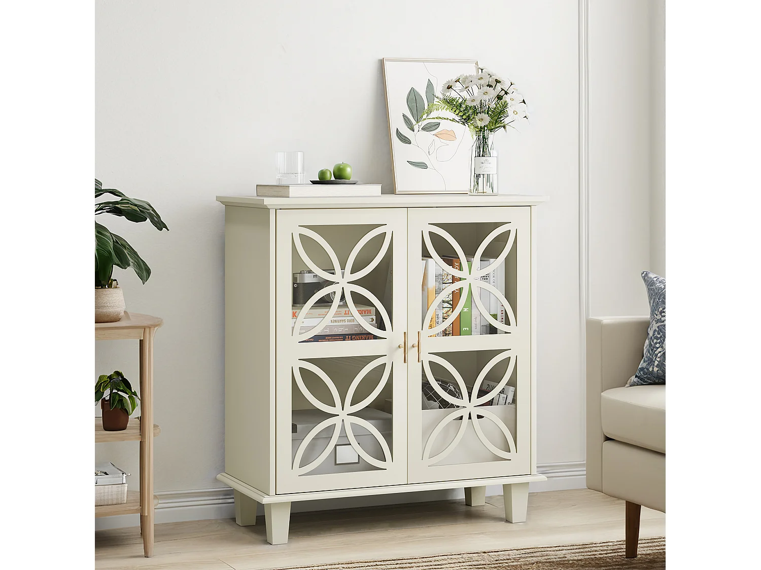 Buffet blanc crème 2 portes vitrées verre trempé à motifs tréfilés 80x38x87cm