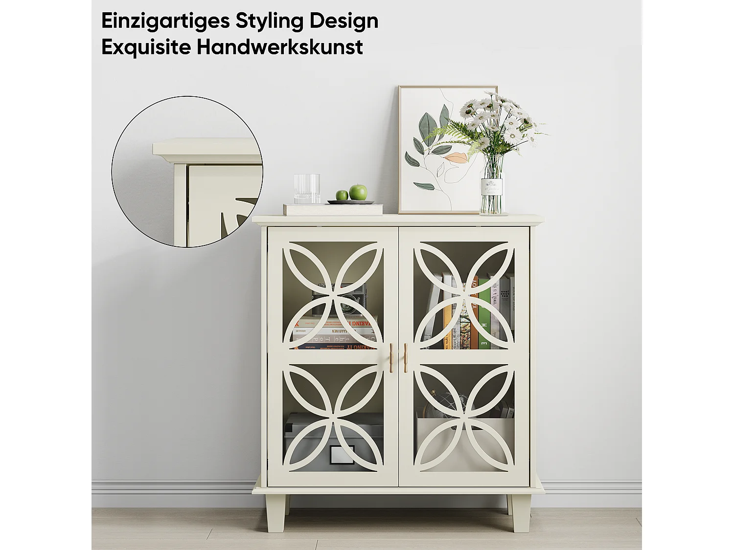 Buffet blanc crème 2 portes vitrées verre trempé à motifs tréfilés 80x38x87cm