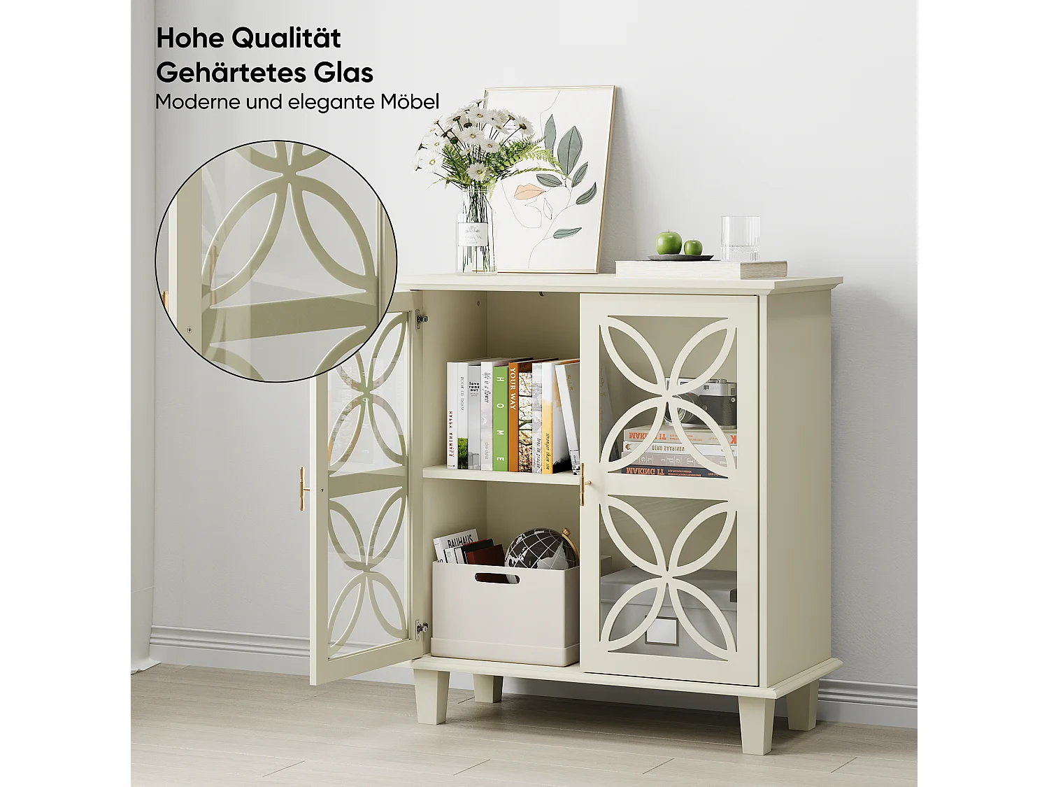 Buffet blanc crème 2 portes vitrées verre trempé à motifs tréfilés 80x38x87cm