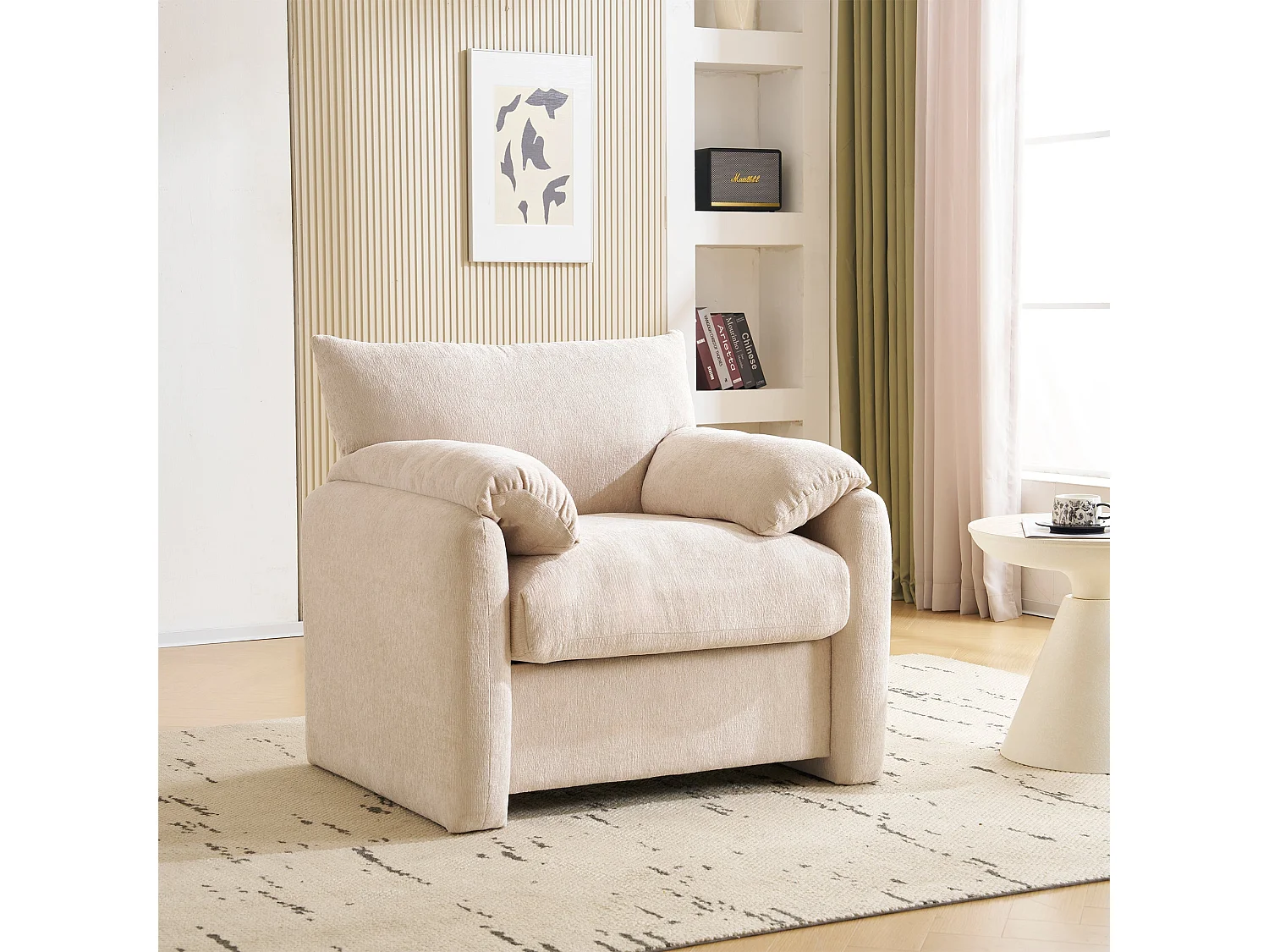 Fauteuil canapé 1 place en tissu chenille beige confortable 96x82x84cm