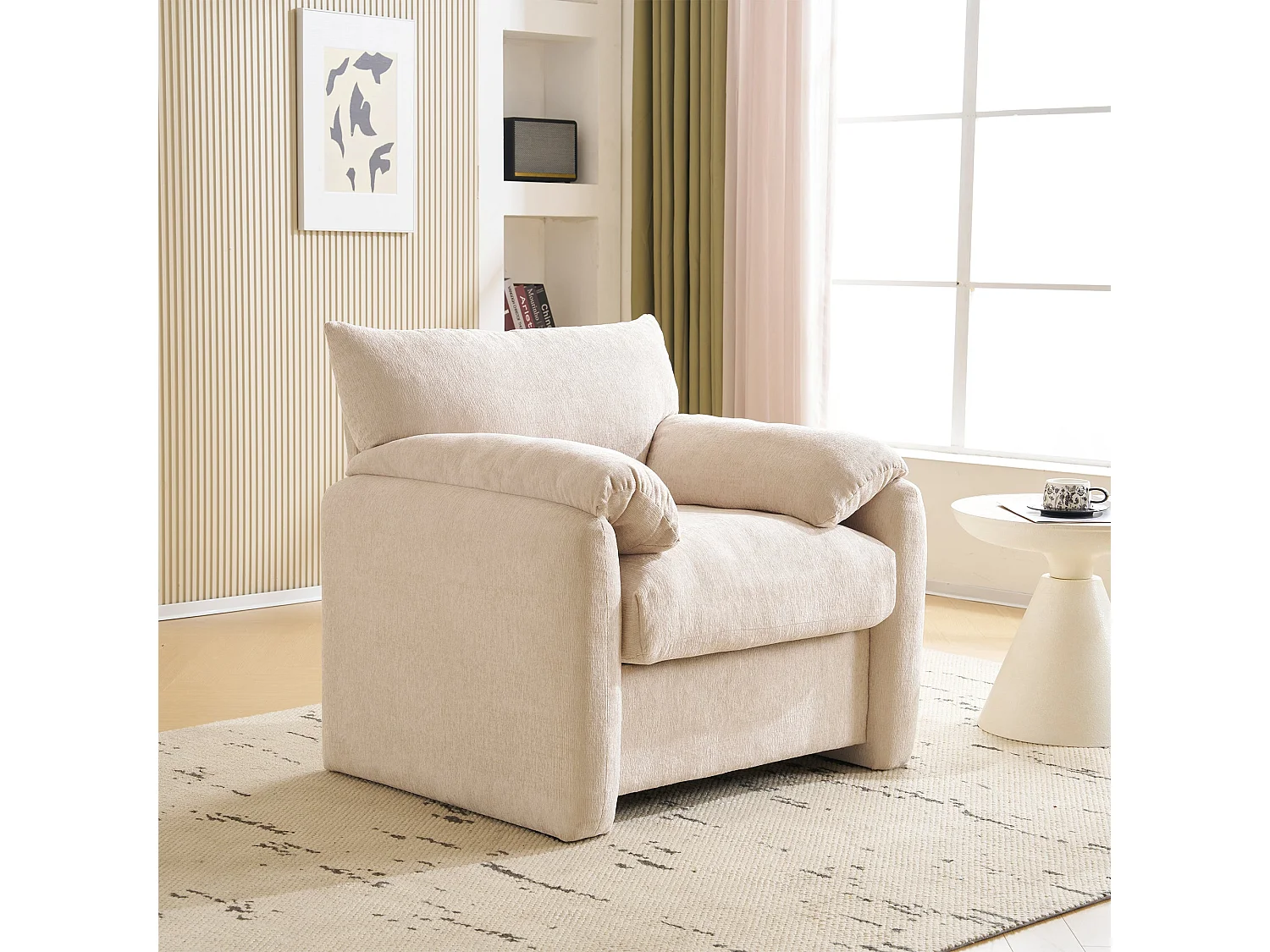 Fauteuil canapé 1 place en tissu chenille beige confortable 96x82x84cm